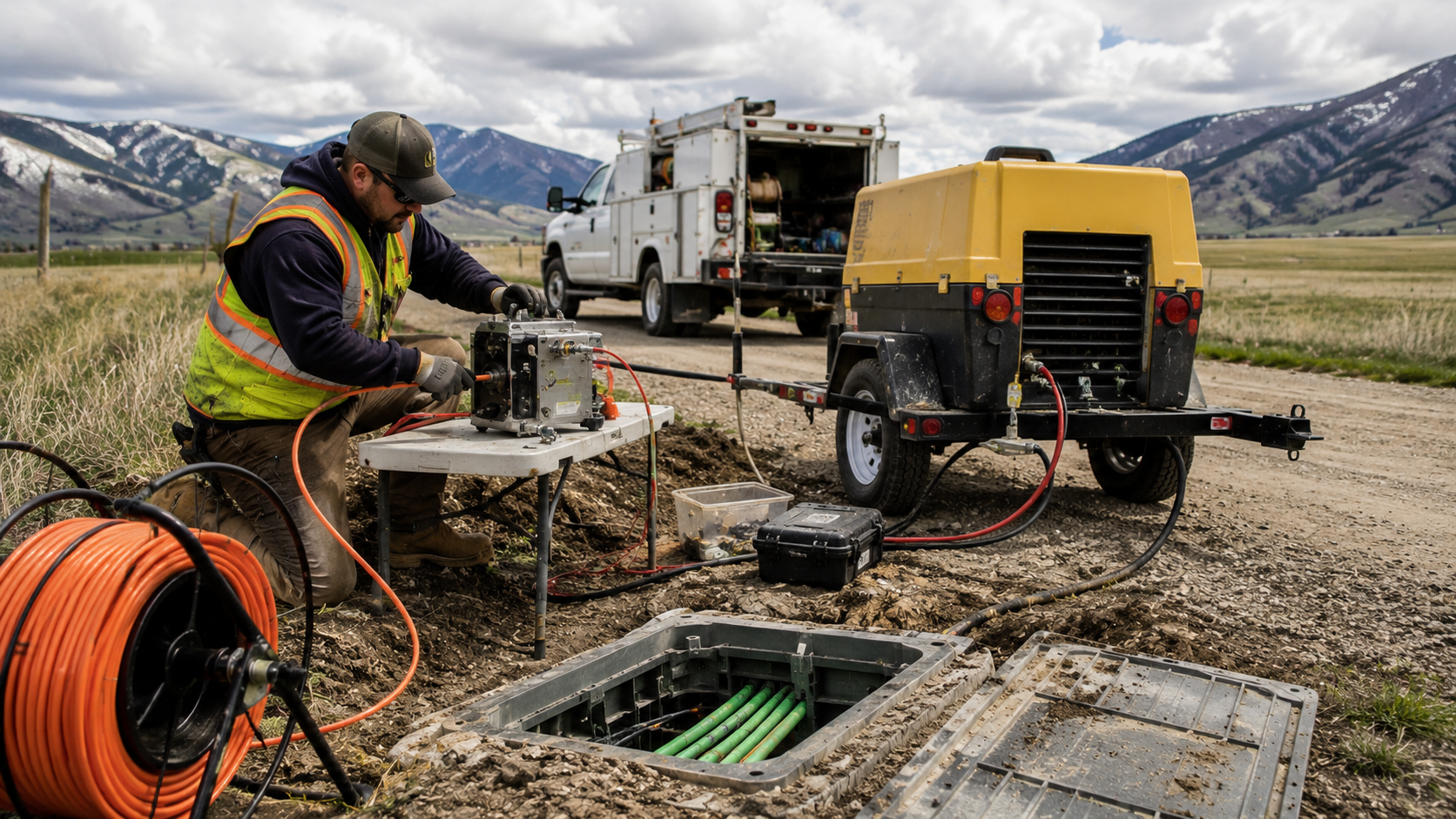 Apex Communication fiber cable blower at handhole with air compressor trailer — rural Montana
