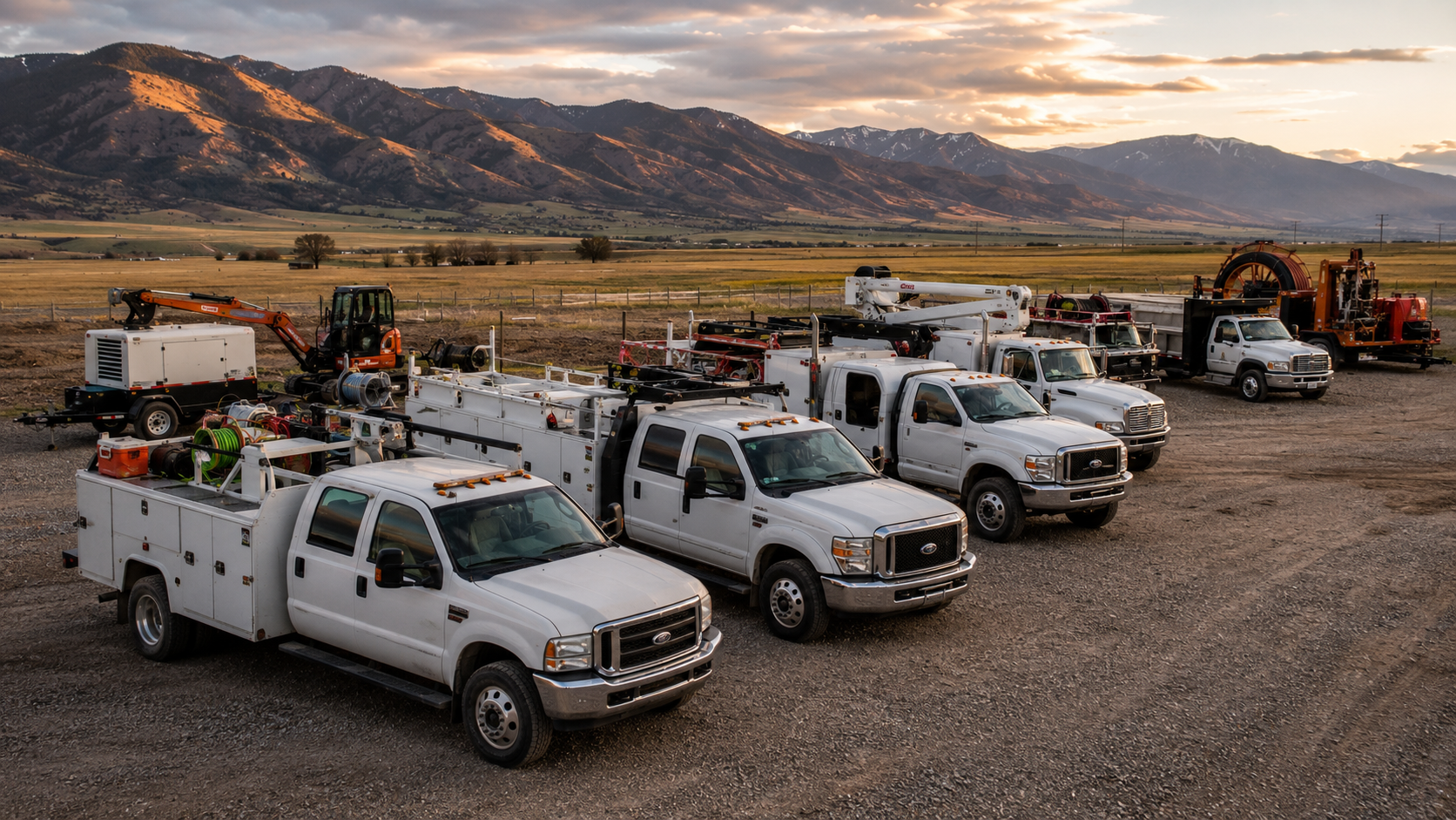 Apex Communication full fleet — Ford service trucks, bore rig, and excavator staged at golden hour in Montana