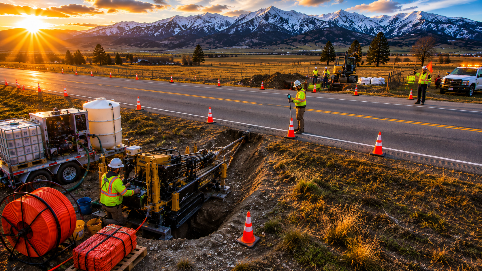 Vermeer D20x22 S3 Navigator with bentonite trailer — active highway crossing on US-89 Montana