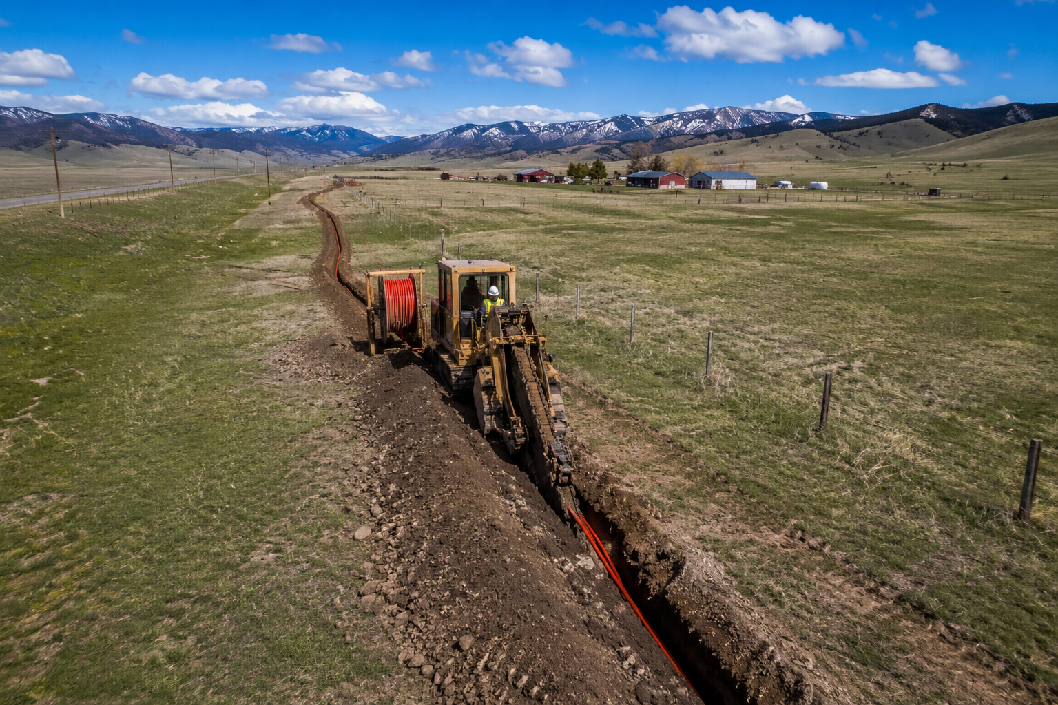 Aerial view of Apex Communication trencher pulling cable reel along rural Montana fiber route with mountains behind
