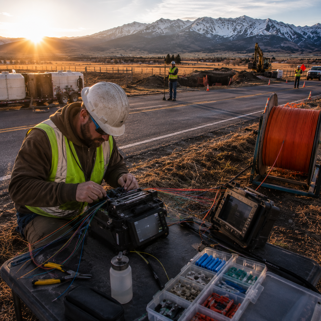 Apex Communication technician fusion splicing roadside at sunrise — snow-capped Montana mountains, full crew and excavator in background