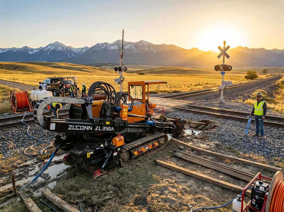 Compact tracked HDD rig boring under Montana railroad crossing at golden hour — orange fiber reels, bentonite trailer, crew on site