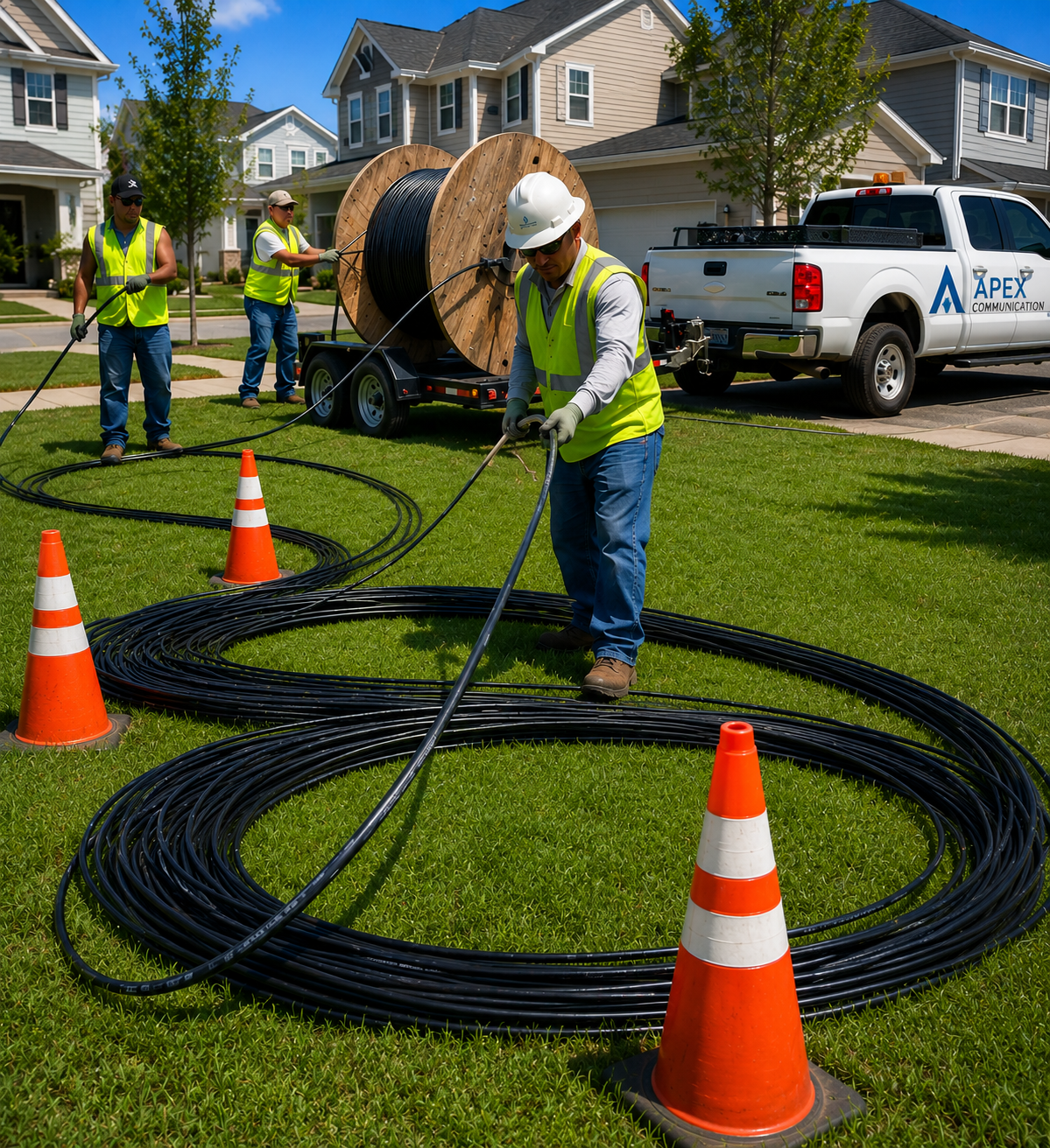 Apex Communication crew pulling fiber cable from reel in residential neighborhood — branded service truck in background