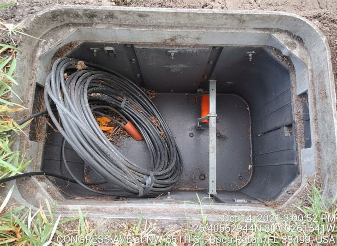 Fiber coil and splice tray inside installed handhole vault