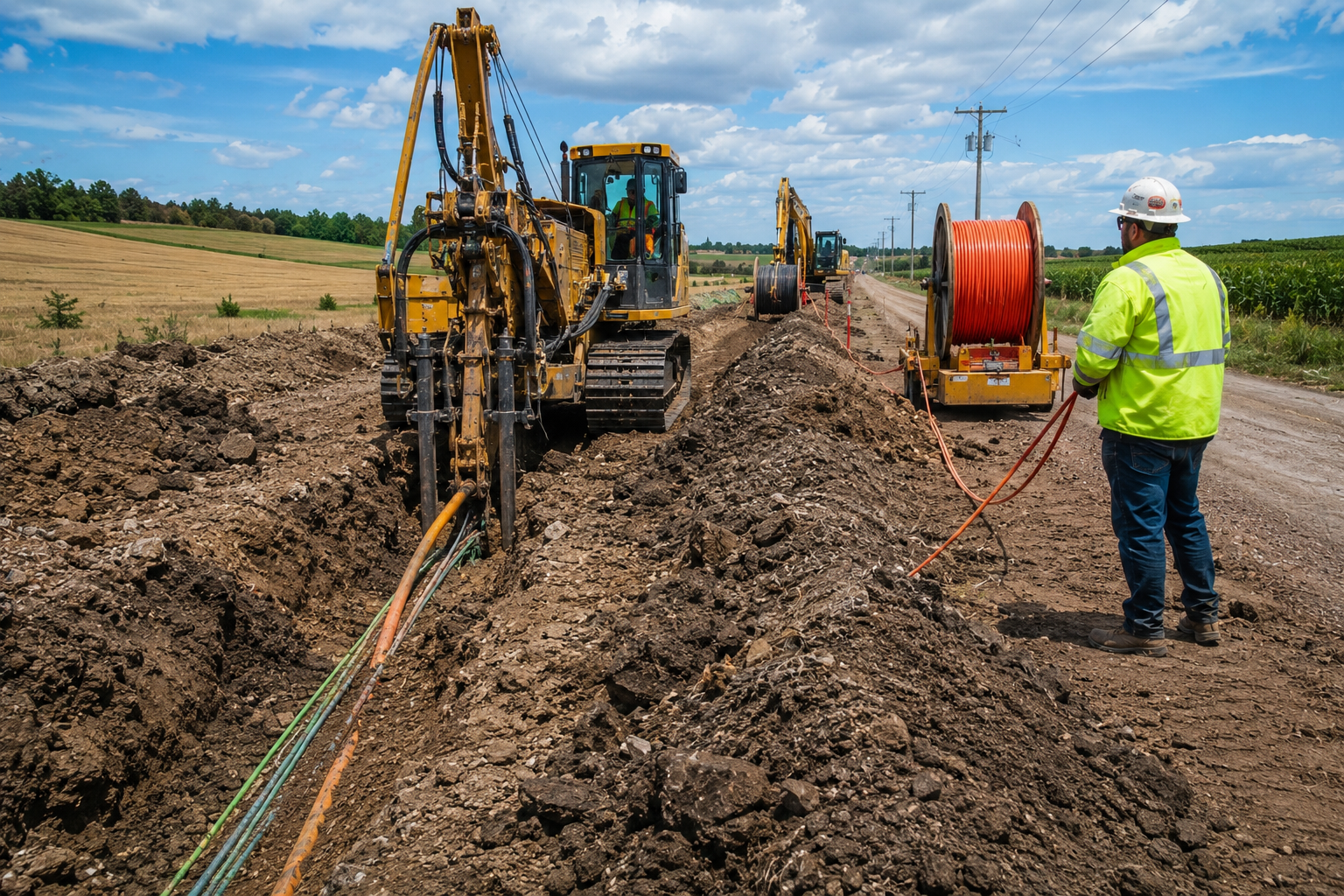 Apex Communication trenching crew pulling orange conduit along rural Montana fiber route