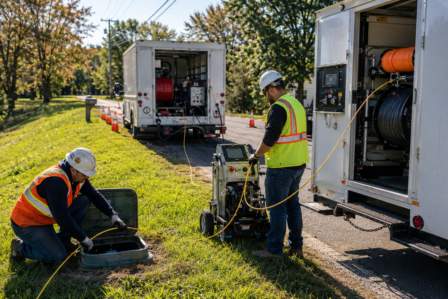 Apex Communication crew pulling fiber from cable blower truck into handhole