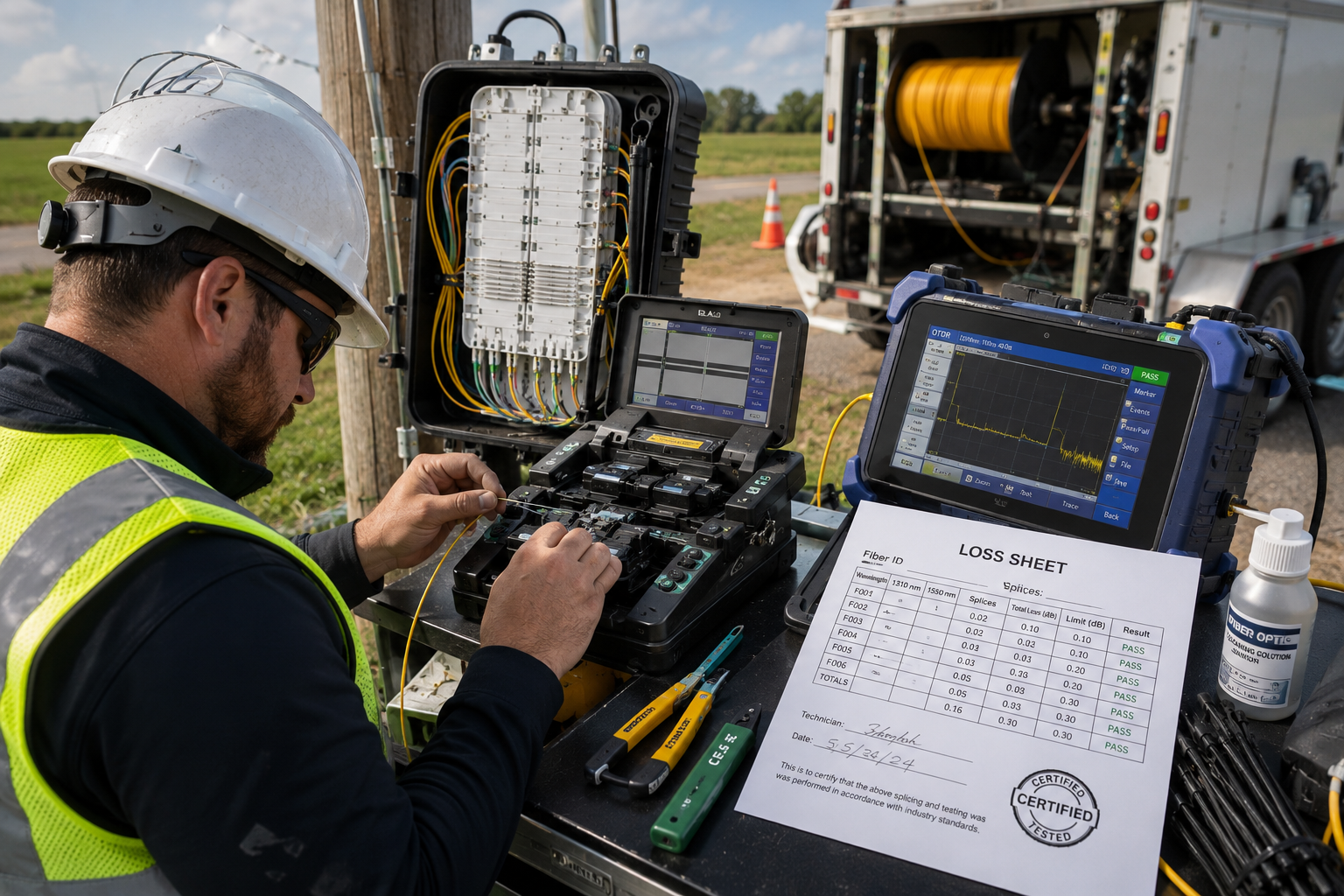 Apex Communication technician fusion splicing fiber with OTDR and certified loss sheet