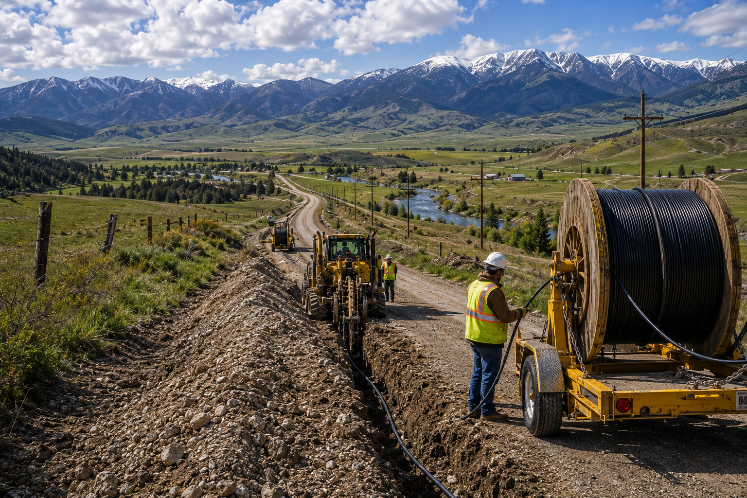 Apex Communication rural fiber crew with cable reel — Montana mountain valley backdrop
