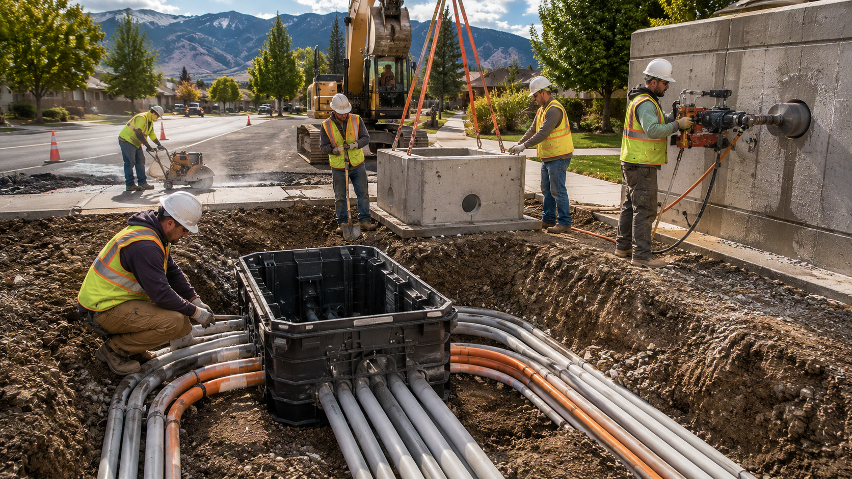 Apex Communication four-man crew installing handhole vault and core drilling concrete wall