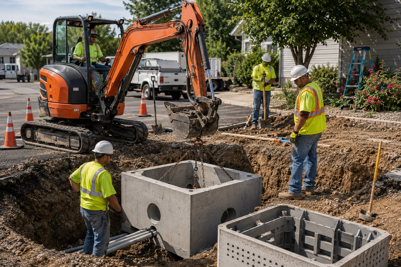 Apex Communication compact excavator setting concrete vault on fiber job site