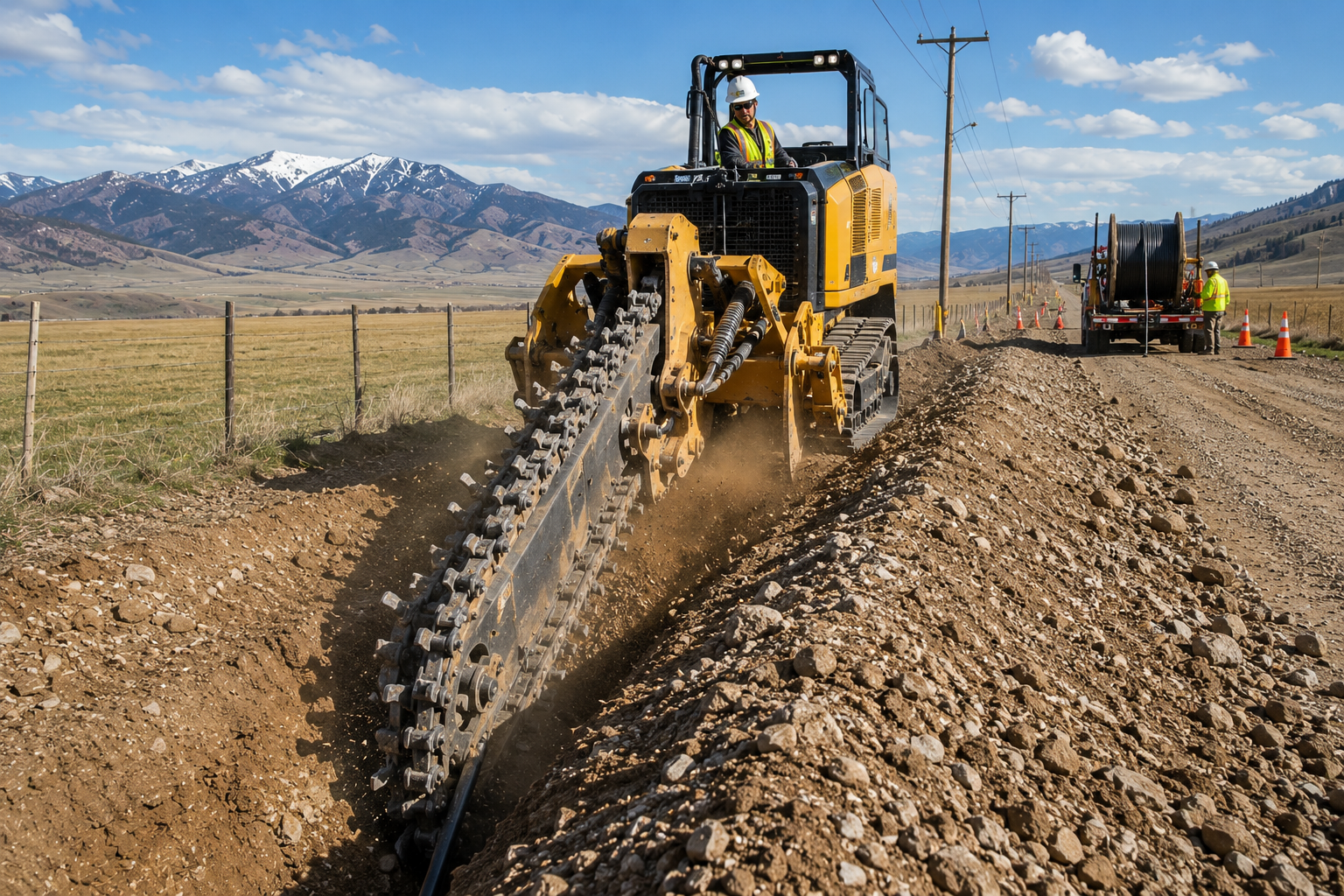 Apex Communication chain trencher cutting through rocky Montana terrain with mountain backdrop