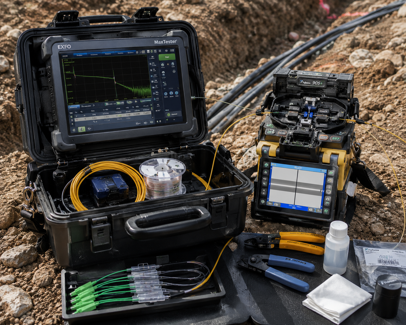 Fujikura fusion splicer and EXFO MaxTester OTDR staged in the field with SC/APC pigtails